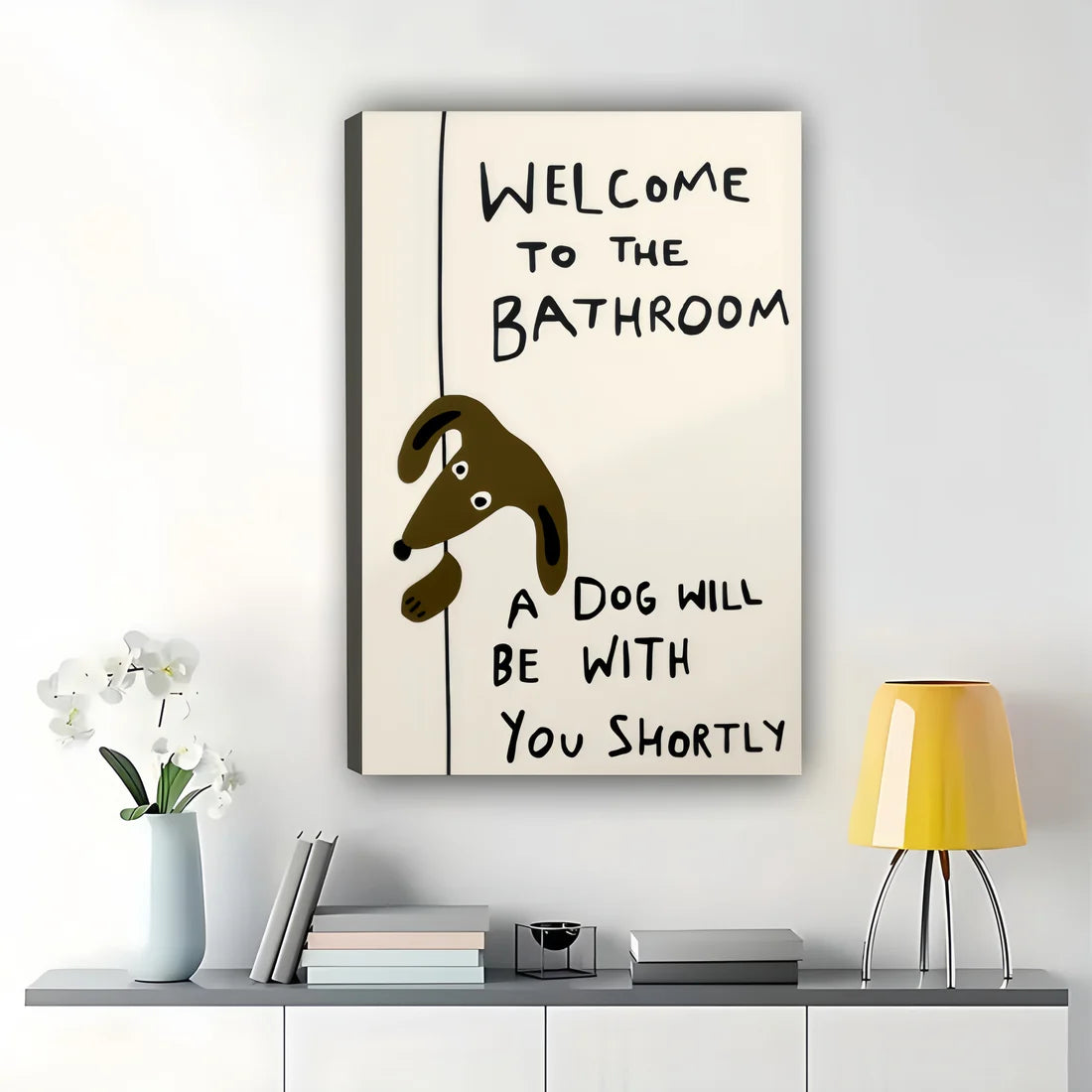 “Welcome to the Bathroom” Funny Dog – Humorous Bathroom Wall Art on Natural Wood Canvas | W101