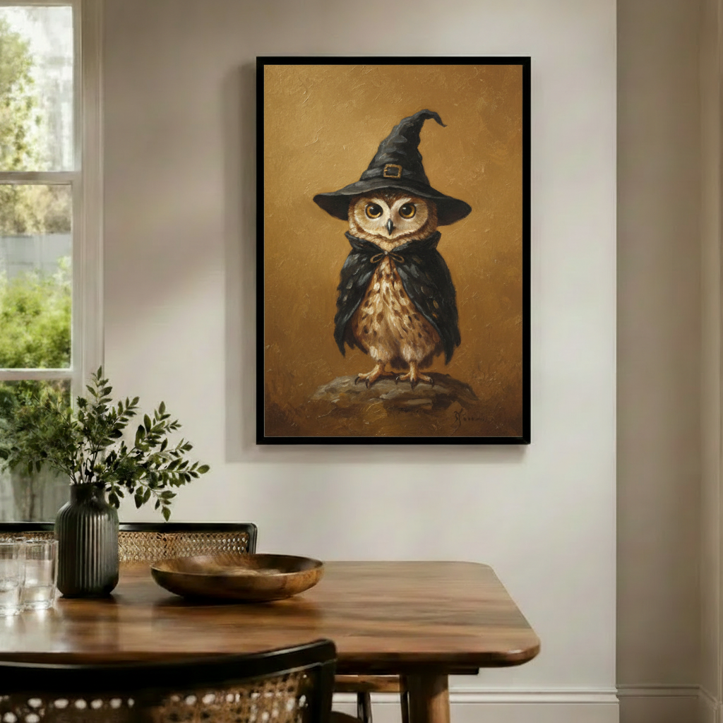 Wizard Owl Halloween Vintage Oil Canvas Art