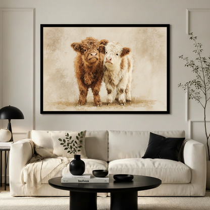 Highland Calves Watercolor Farmhouse Canvas Art