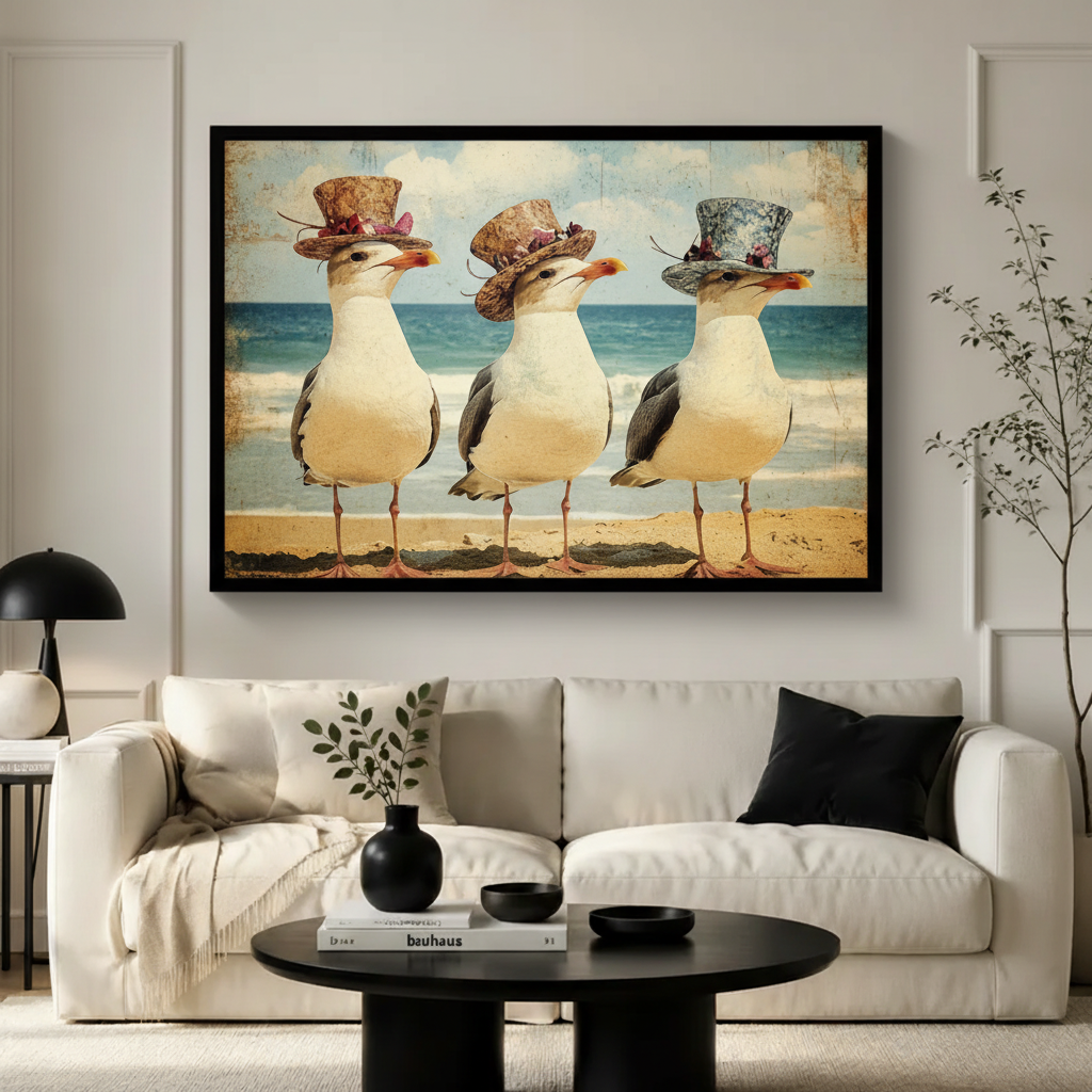 Dapper Seagulls Beach Vintage Oil Canvas Art