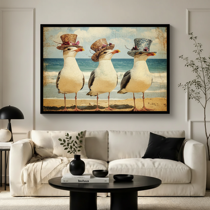 Dapper Seagulls Beach Vintage Oil Canvas Art