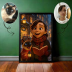 Custom Christmas Pet Portrait,Personalized Gift, Funny Santa Cat & Owner Illustration Wall Art,Holiday Home Decor