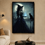 Moonlit Witch Black Cat Magic Canvas Wall Art
