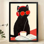 Cool Cat Reading with Coffee Art Print - Framed Wall Decor|W1262