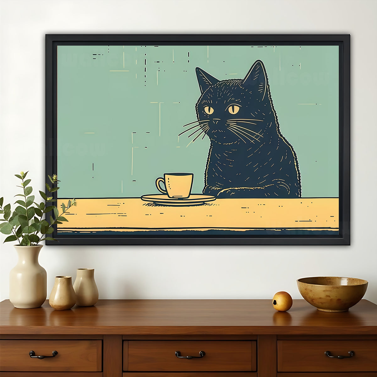 The Coffee-Sipping Minimalist Black Cat – Cozy Casual Wall Art on Natural Wood Canvas | W606
