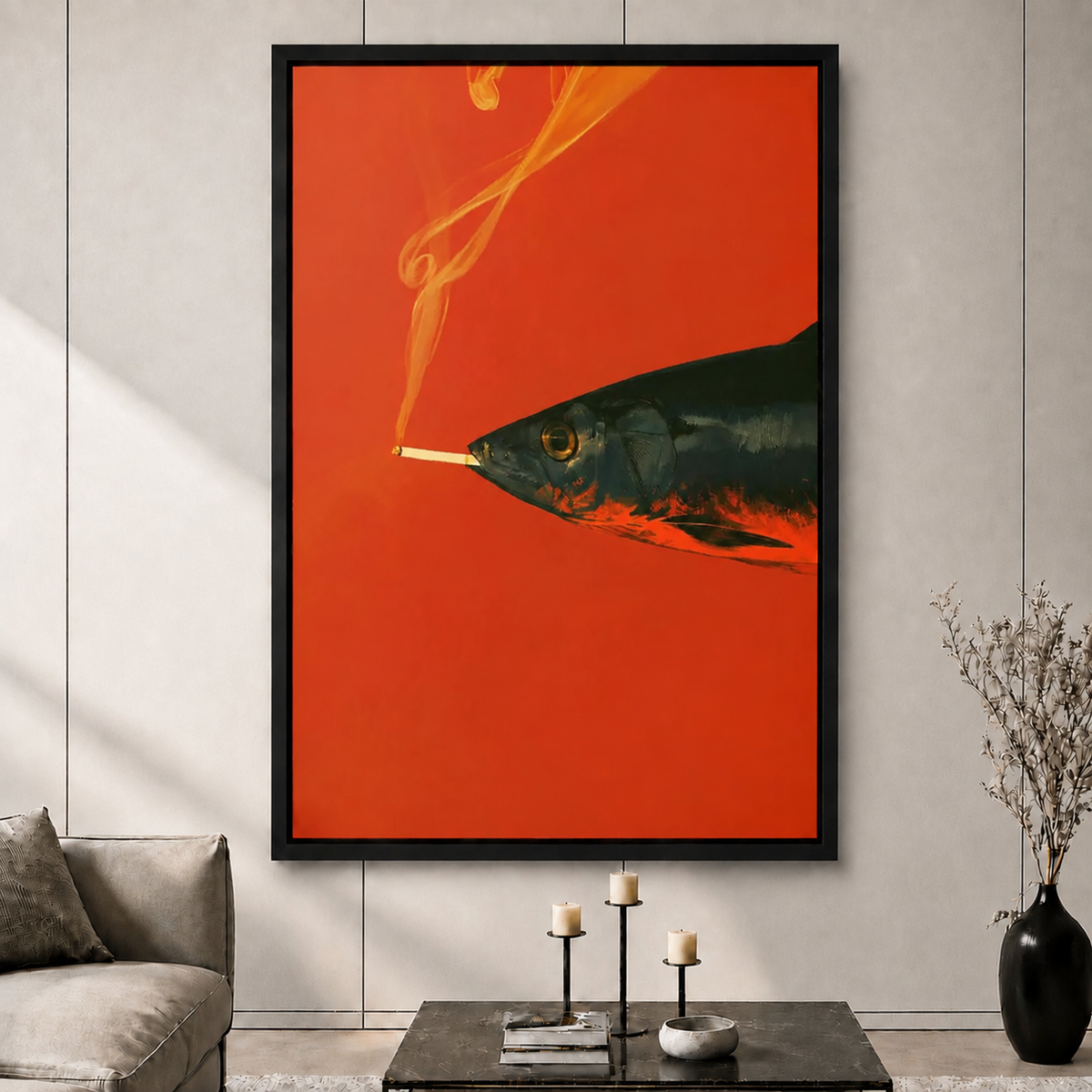 Surreal Smoking Fish Red Pop Art Canvas