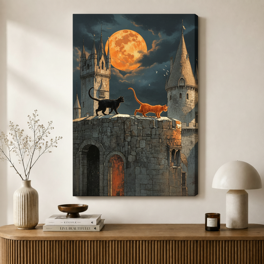 Gothic Cats Castle Moon Canvas Wall Art