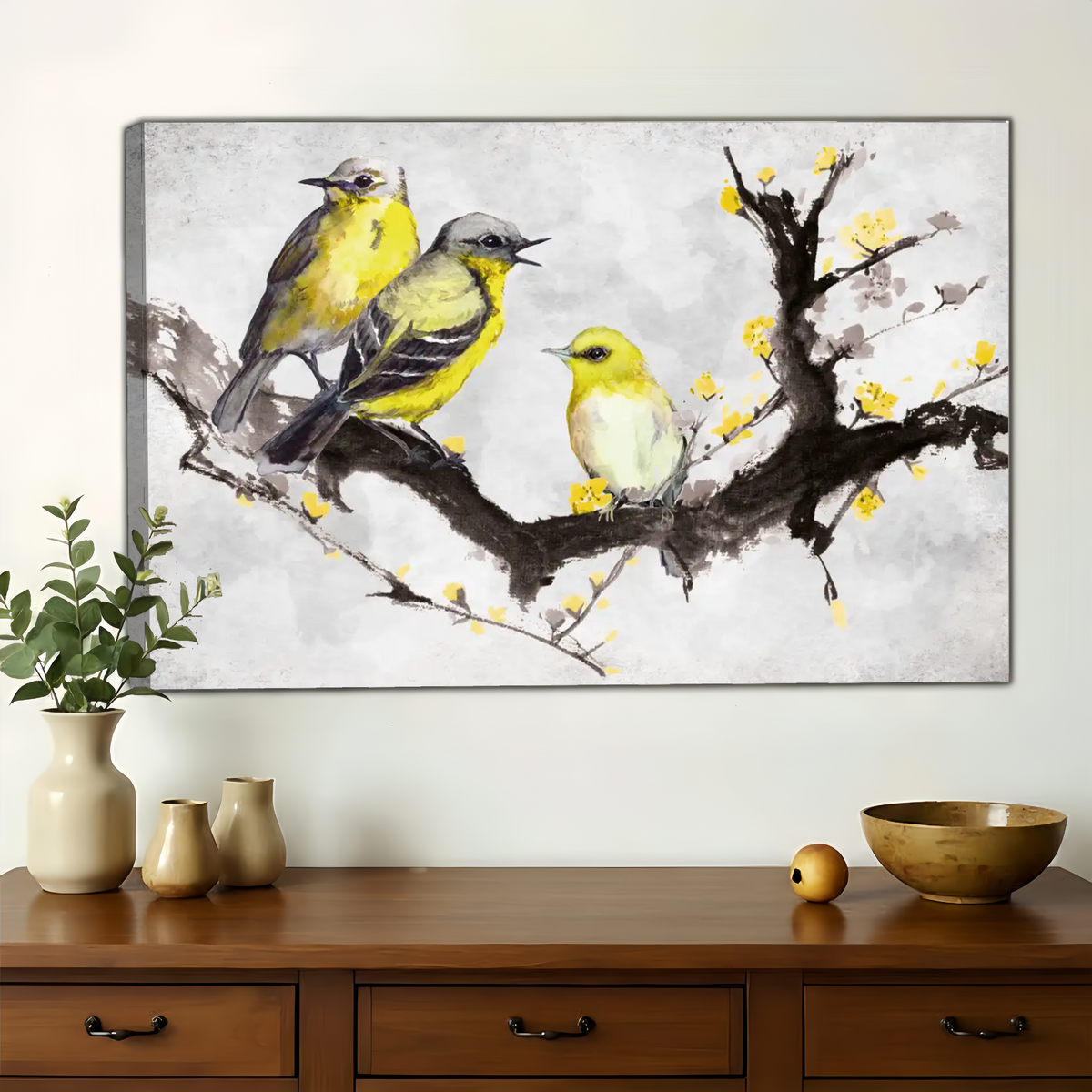 Three Yellow Birds on Blossoming Branch Wall Art - Asian Watercolor Canvas Print| W1365