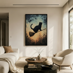 Black Cat Broomstick Vintage Fantasy Canvas  Wall Art