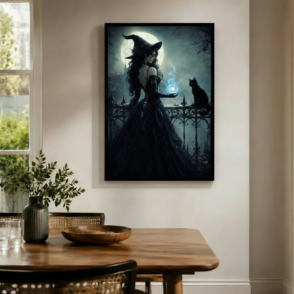 Moonlit Witch Black Cat Magic Canvas Wall Art