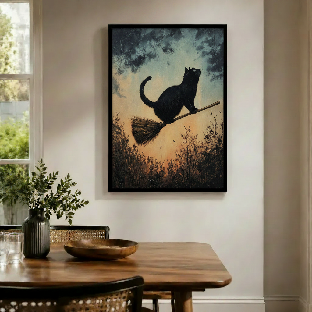 Black Cat Broomstick Vintage Fantasy Canvas  Wall Art