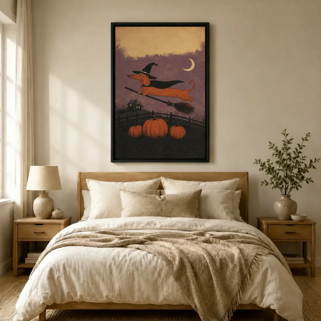 Halloween Dachshund Witch Broom Canvas Art