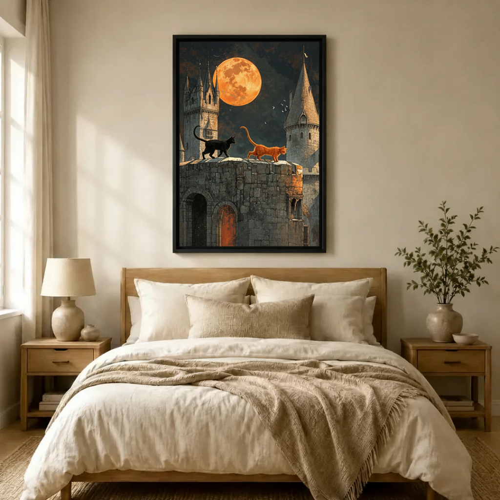 Gothic Cats Castle Moon Canvas Wall Art