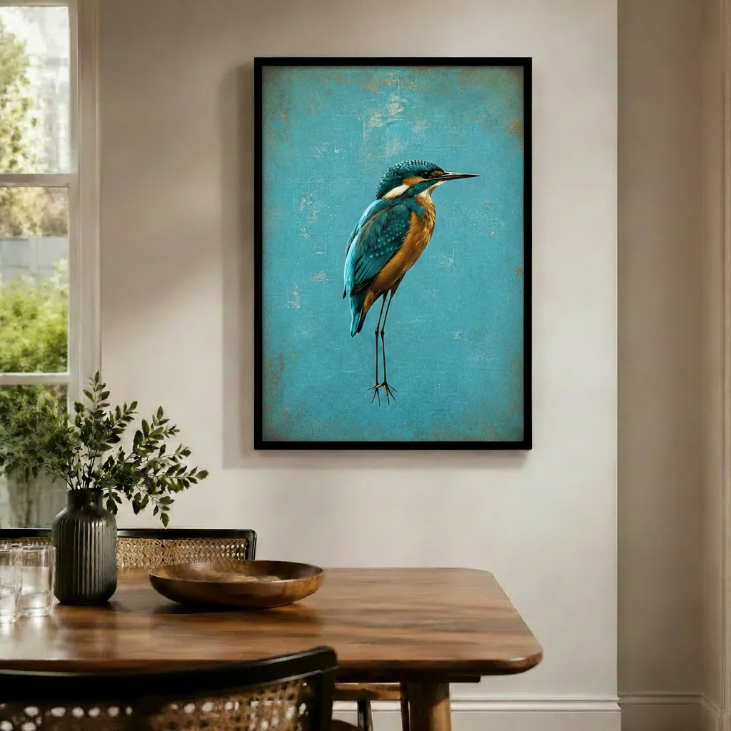 Teal Kingfisher Bird Vintage Canvas Wall Art