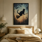 Black Cat Broomstick Vintage Fantasy Canvas  Wall Art