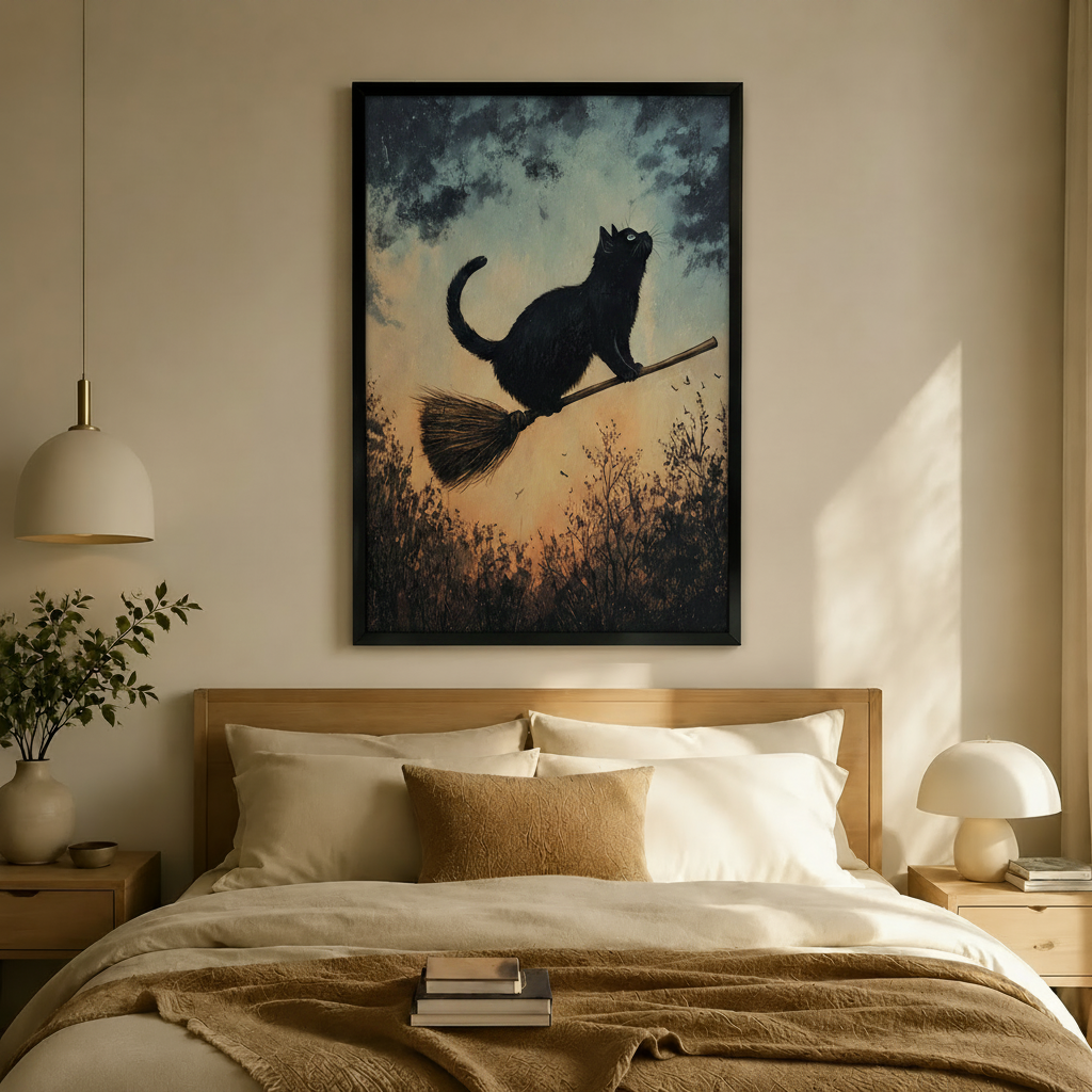 Black Cat Broomstick Vintage Fantasy Canvas  Wall Art