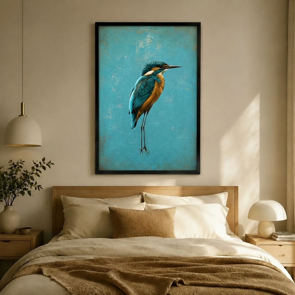Teal Kingfisher Bird Vintage Canvas Wall Art