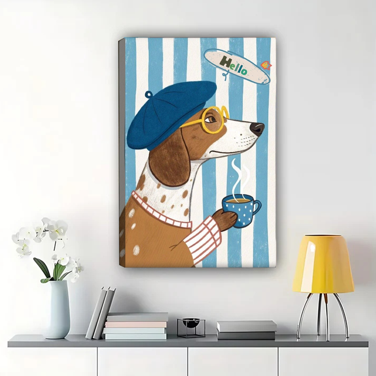 French Dog with Coffee Wall Art - Whimsical Beret Pet Print|W1200