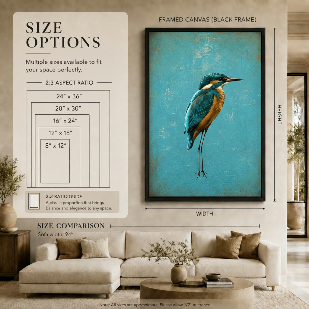 Teal Kingfisher Bird Vintage Canvas Wall Art