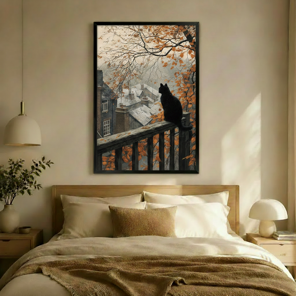 Autumn Cat Rooftop Cityscape Canvas Wall Art