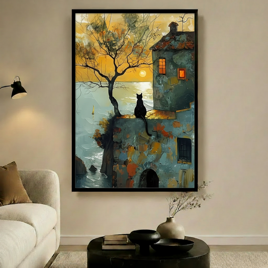 Black Cat Sunset Cottage Canvas Wall Art