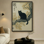 Black Cat Magnolia Japanese Canvas Wall Art