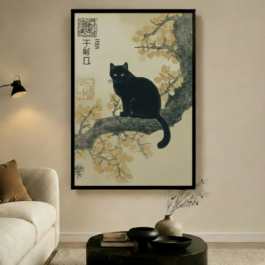 Black Cat Magnolia Japanese Canvas Wall Art