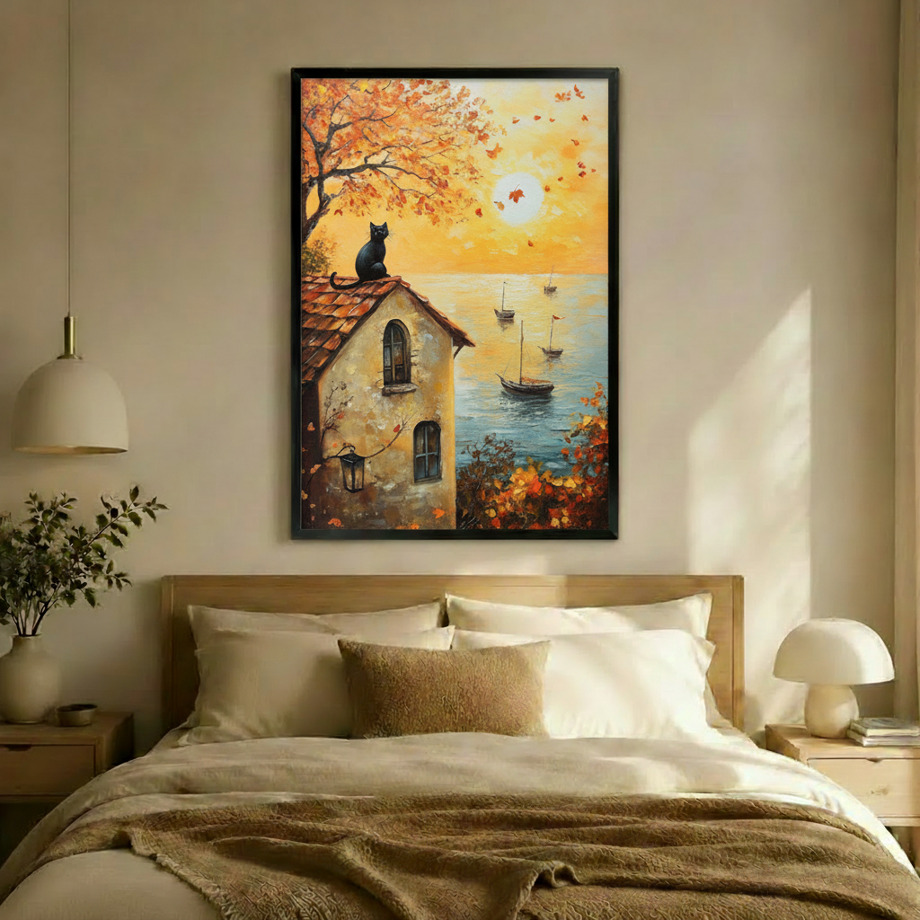 Autumn Cat Coastal Sunset Canvas Wall Art