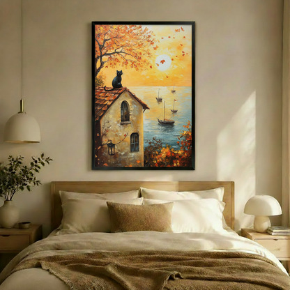 Autumn Cat Coastal Sunset Canvas Wall Art