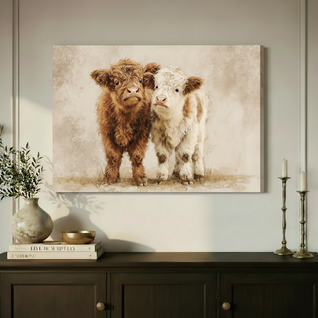 Highland Calves Watercolor Farmhouse Canvas Art