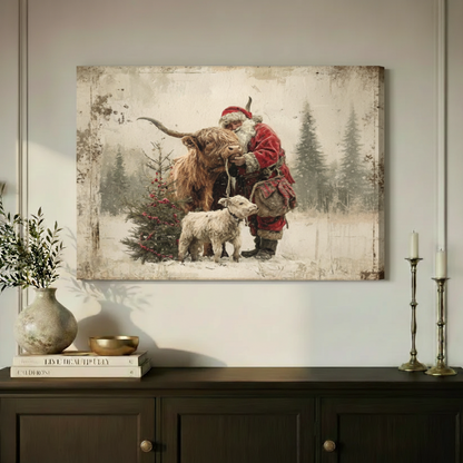 Santa & Highland Cow Christmas Vintage Oil Canvas Art