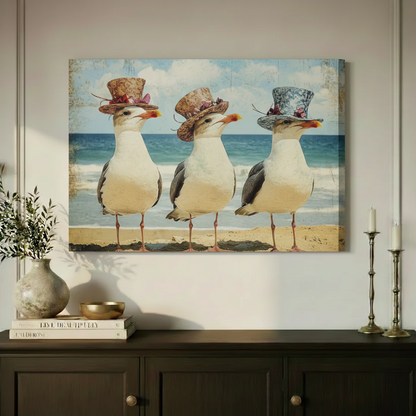Dapper Seagulls Beach Vintage Oil Canvas Art