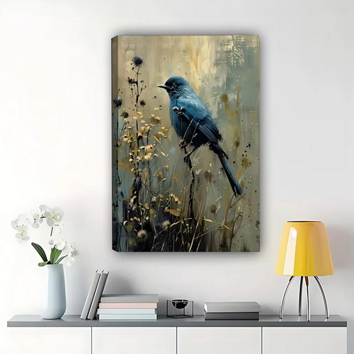Blue Bird Watercolor Wall Art - Wildflower Nature Print| W1054