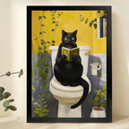 Black Cat Reading on Toilet Wall Art – Funny Bathroom Cat Canvas Print on Natural Wood Frame | W2259