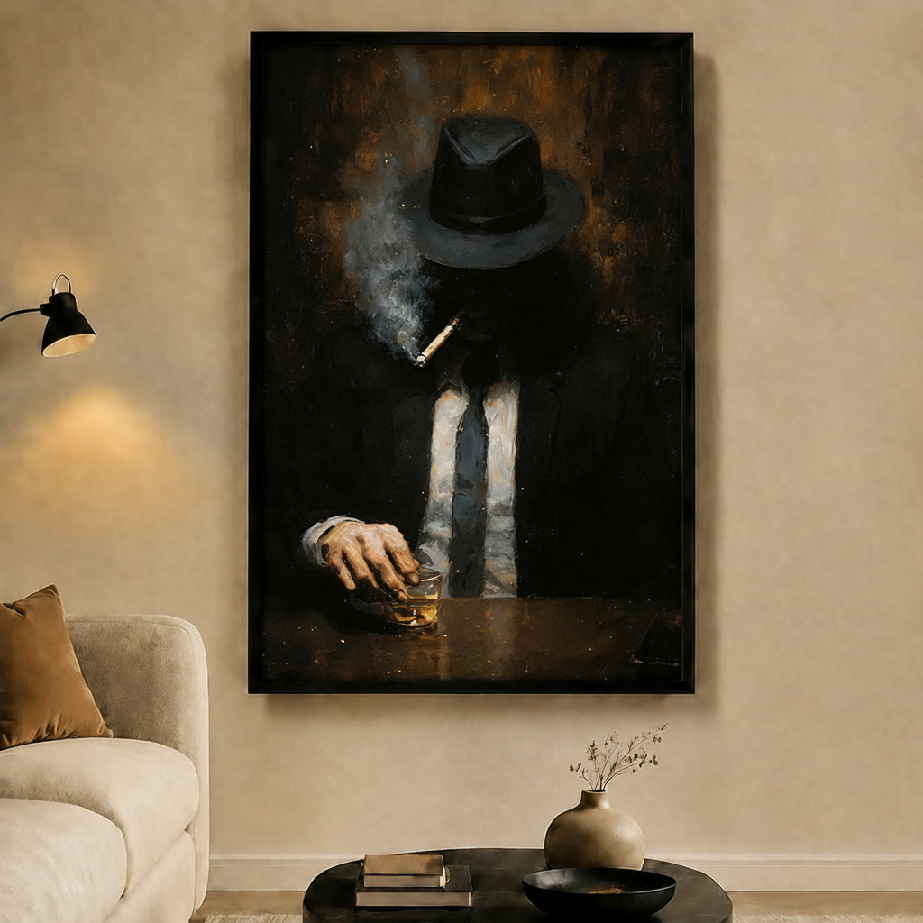 Noir Gentleman Whiskey Cigar Dark Oil Canvas
