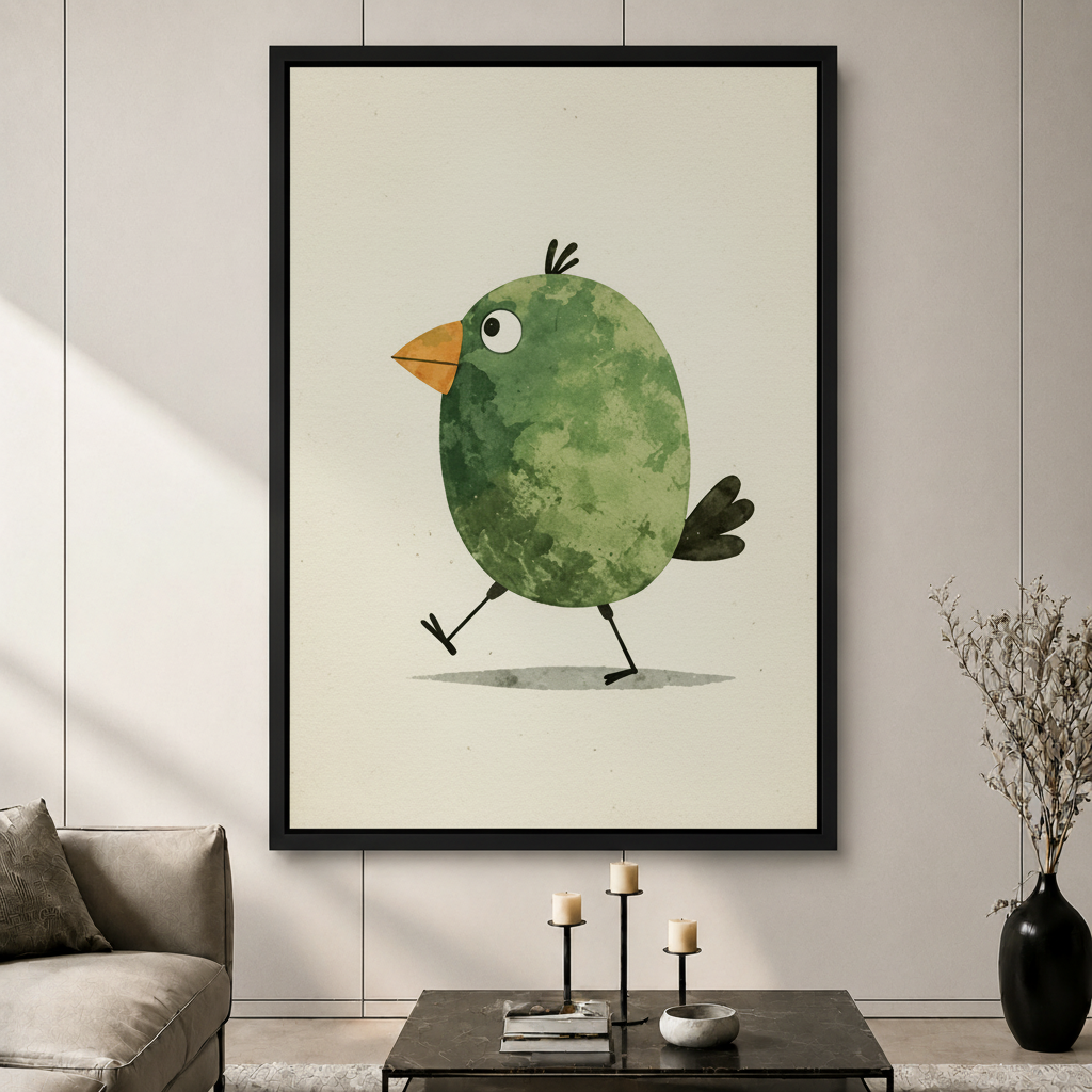 Cute Green Bird Minimalist Watercolor Canvas Art
