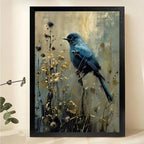 Blue Bird Watercolor Wall Art - Wildflower Nature Print| W1054