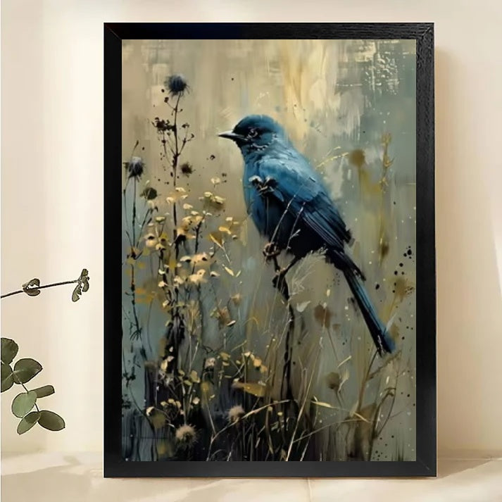 Blue Bird Watercolor Wall Art - Wildflower Nature Print| W1054