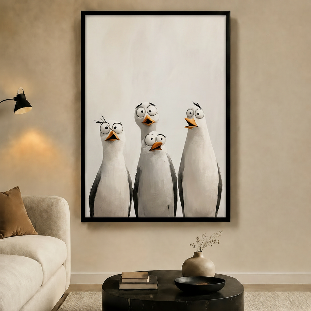 Four Curious Seagulls Whimsical Portrait Canvas Art