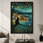 Black Cat Lantern Night Village Canvas Art