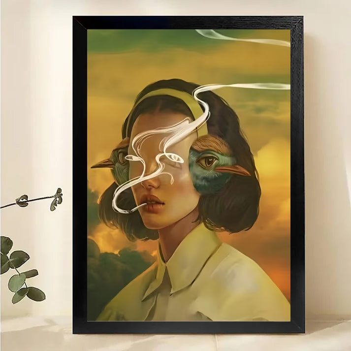 Woman Bird Fusion Art – Surreal Portrait Framed Print| W1036