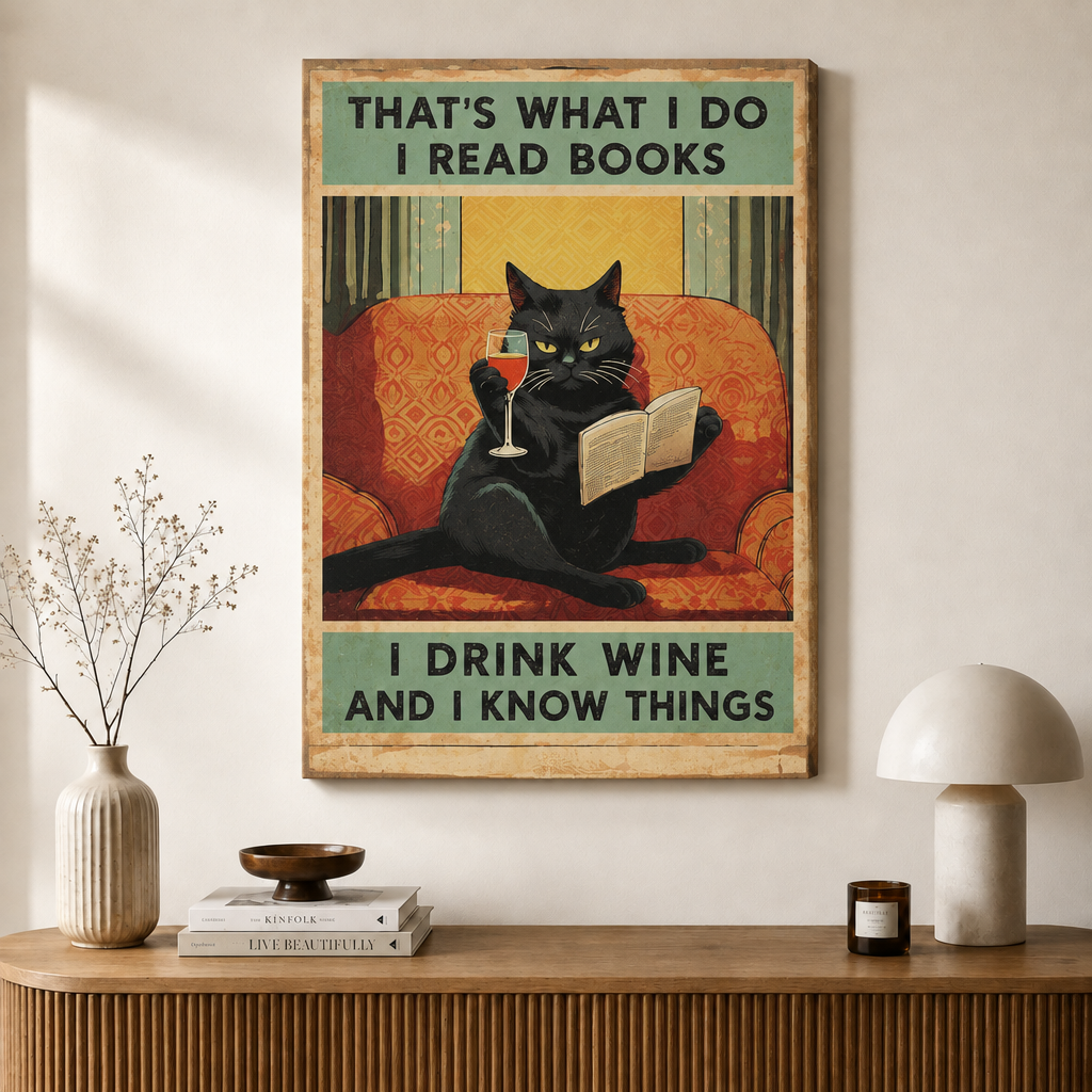 I Read Books Drink Wine Black Cat Canvas Art