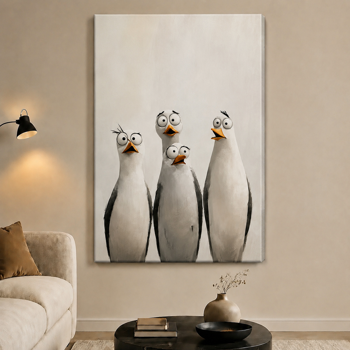 Four Curious Seagulls Whimsical Portrait Canvas Art