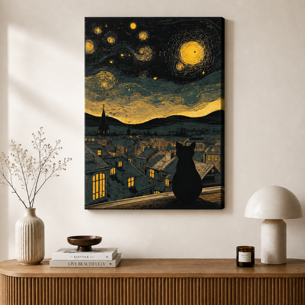 Van Gogh Starry Night Black Cat Canvas Art