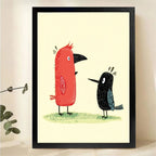 Two Birds Wall Art - Whimsical Red and Black Print|W1271