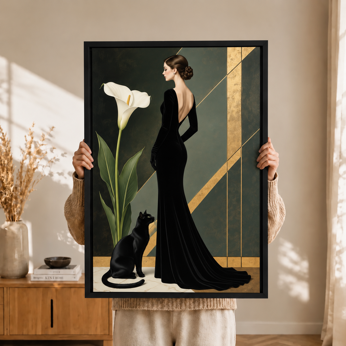 Art Deco Elegant Woman Black Cat Canvas Art