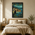 Black Cat Lantern Night Village Canvas Art