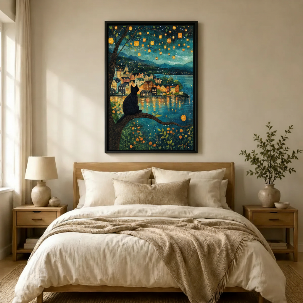 Black Cat Lantern Night Village Canvas Art