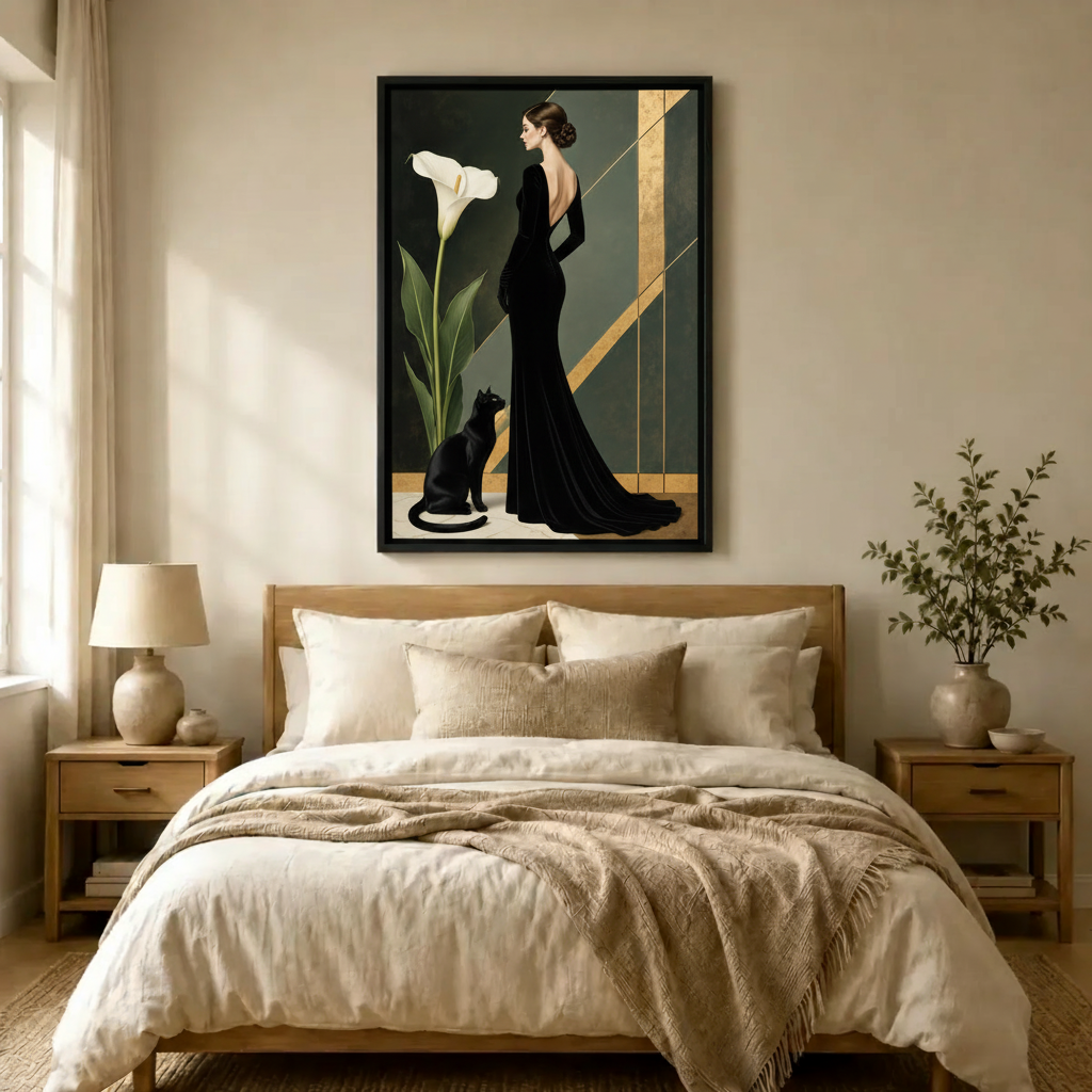 Art Deco Elegant Woman Black Cat Canvas Art