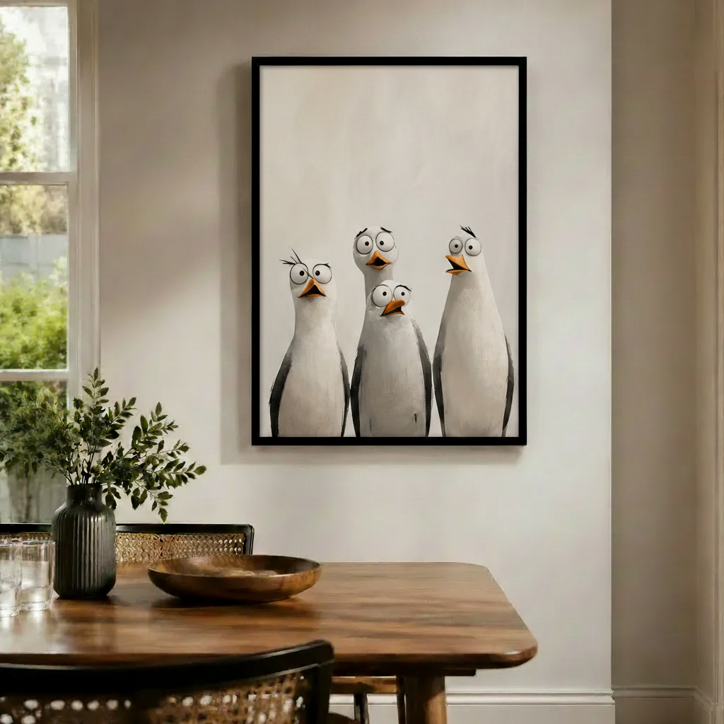 Four Curious Seagulls Whimsical Portrait Canvas Art